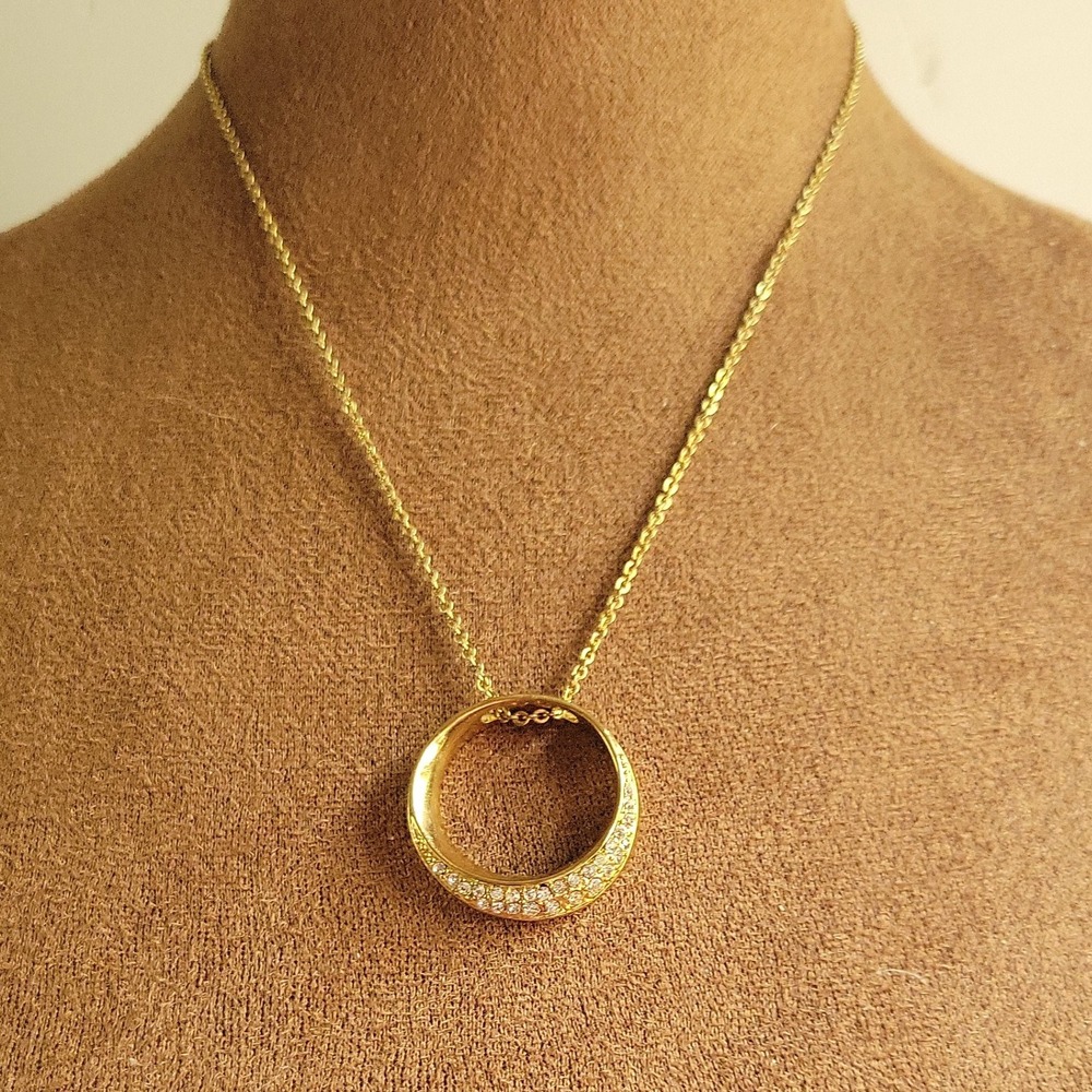 RLM Soho Gold Tone Pave Rhinestone Circle Pendant Necklace 16-18" Quiet Luxury
